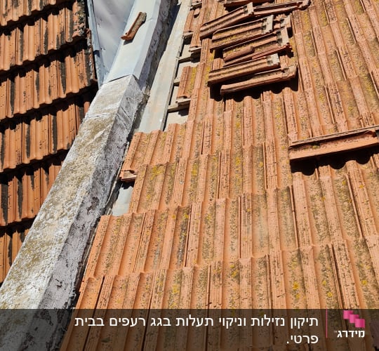 רעפים כתומים על גג עם פטיש מונח עליהם